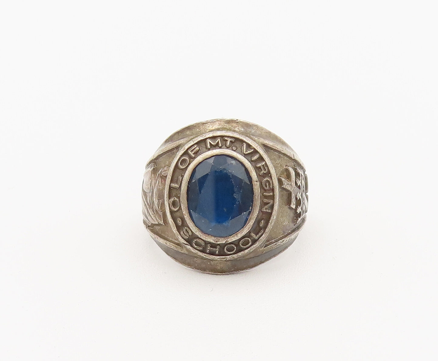 925 Sterling Silver Vintage Ring School 1967 Solid Carved Sapphire Sz 7  RG27909