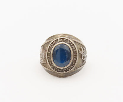 925 Sterling Silver Vintage Ring School 1967 Solid Carved Sapphire Sz 7  RG27909