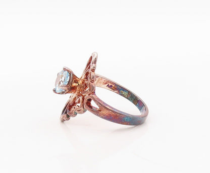 925 Sterling Silver Vintage Ring Floral Cutout Blue Topaz  Sz 7  RG29942