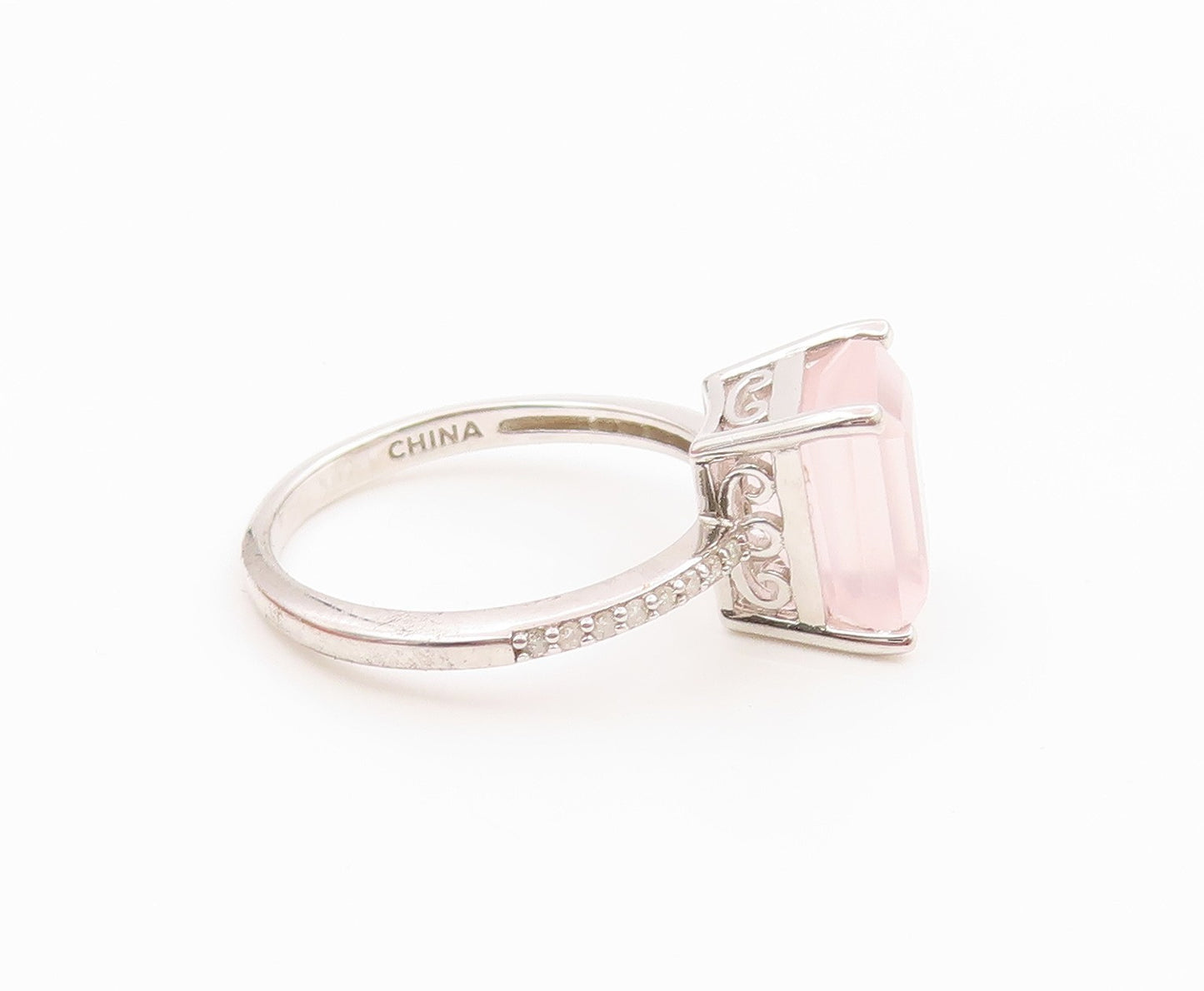 925 Sterling Silver Vintage Ring Real Diamonds & Rose Quartz Band  Sz 7  RG36061