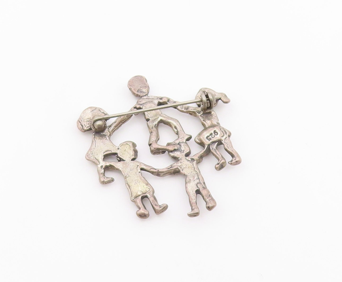 925 Sterling Silver  Vintage Children Holding Hands Chiseled Brooch Pin BP4986