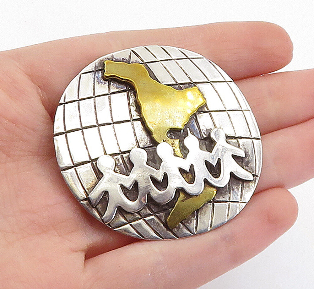MEXICO 925 Sterling Silver  Vintage Two Tone Globe Unity Brooch Pin  BP2746
