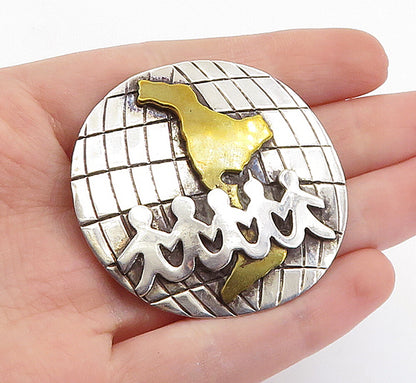 MEXICO 925 Sterling Silver  Vintage Two Tone Globe Unity Brooch Pin  BP2746