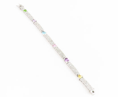 925 Sterling Silver Vintage Bracelet Multi Gemstone Geometric Panel Link BT11692