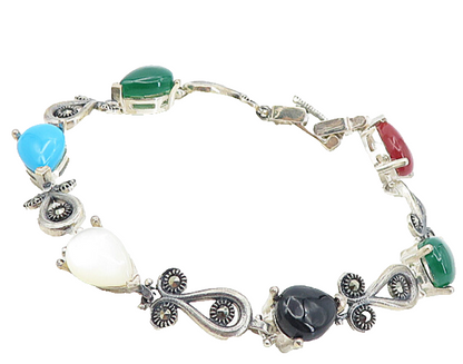 925 Silver  Vintage Mother Of Pearl Carnelian & Onyx Chain Bracelet  BT3809
