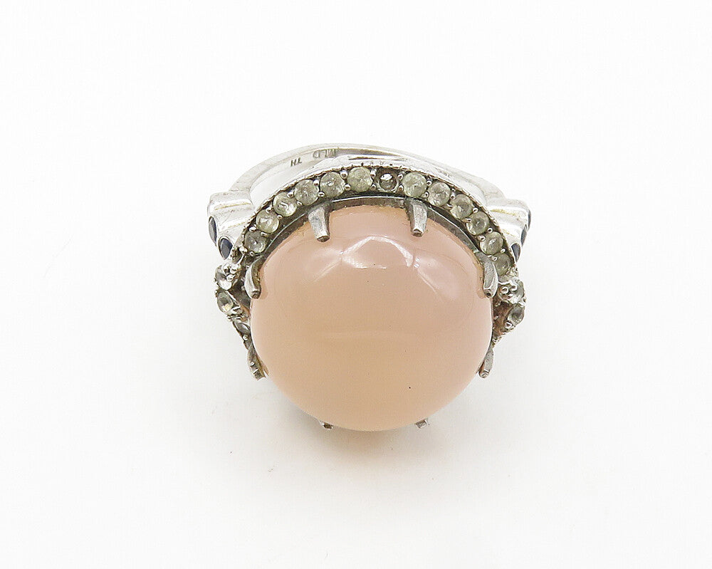 MLD 925 Silver  Cabochon Rose Quartz & Blue Topaz Cocktail Ring Sz 6  RG18247