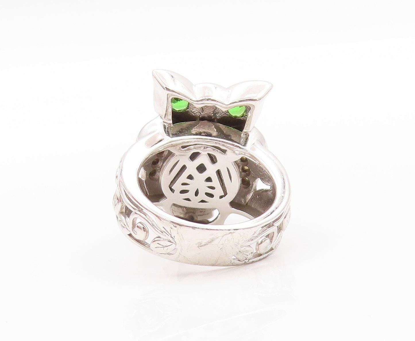925 Sterling Silver Vintage Ring Drusy Quartz & CZ Eyed Owl  Sz 5.5  RG32621