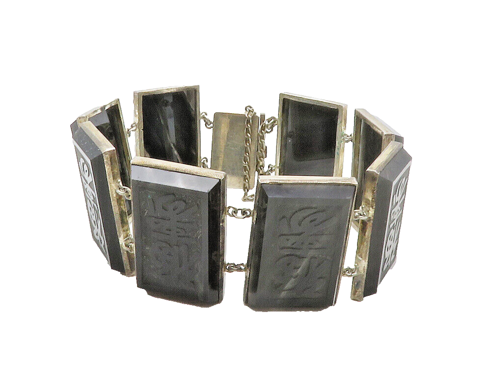 925 Sterling Silver  Vintage Black Onyx Chinese Writing Chain Bracelet  BT4836
