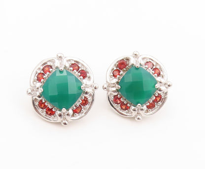 925 Sterling Silver Vintage Earrings Square Green Onyx & Garnet Flower  EG13388