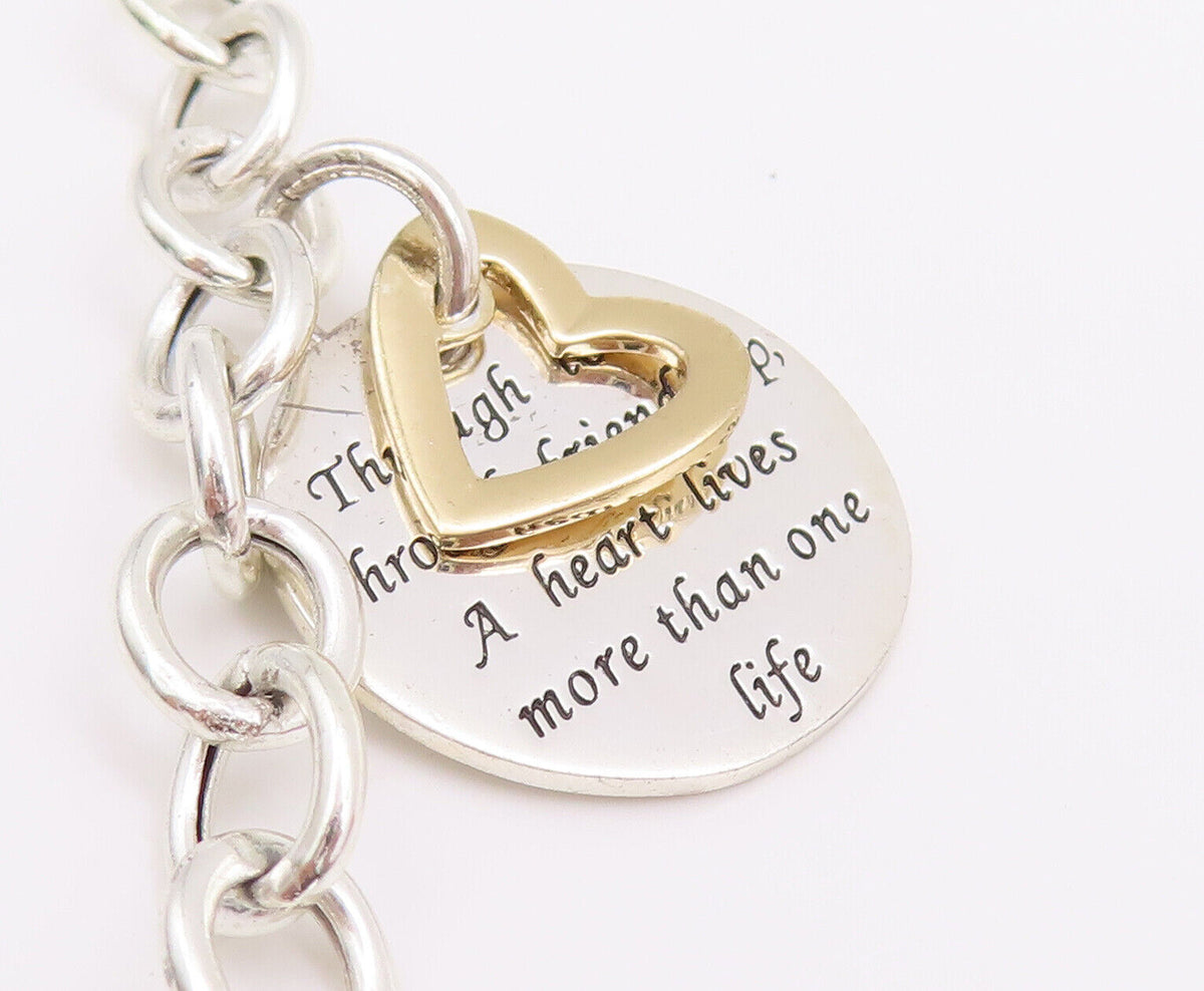 925 Sterling Silver Vintage Bracelet Ring Chain Cutout Heart & Message  BT10643