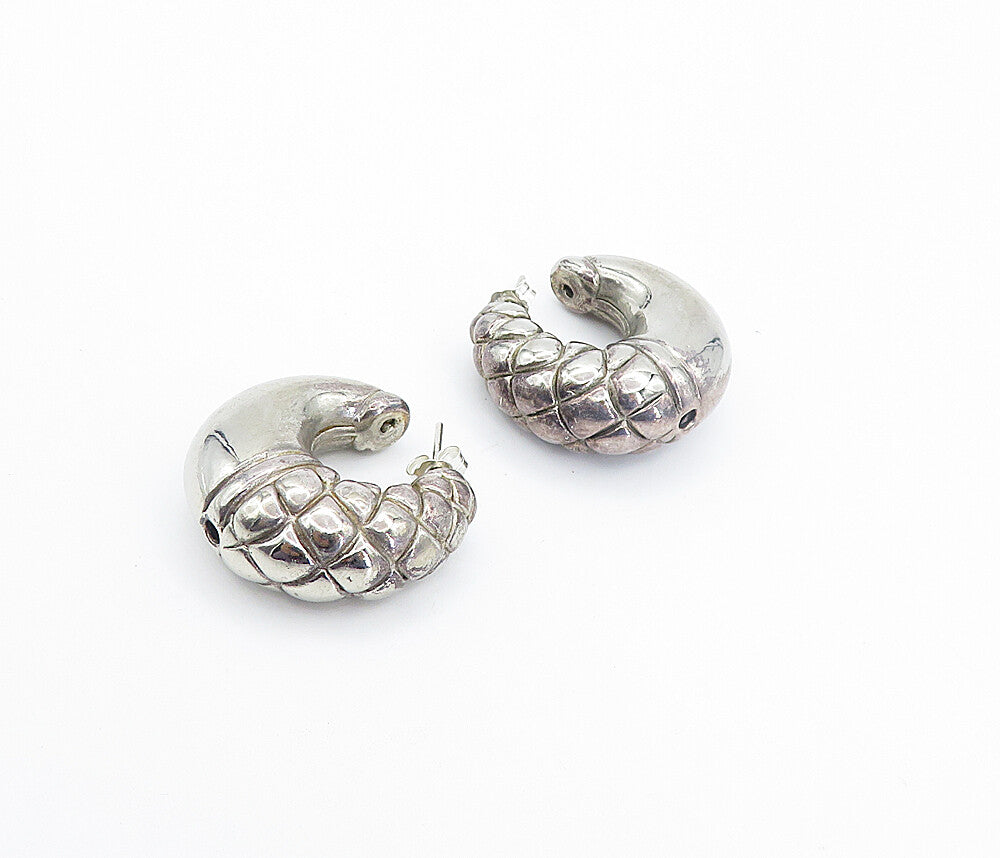 925 Sterling Silver  Vintage Dark Tone Hollow Etched JHoop Earrings  EG3260