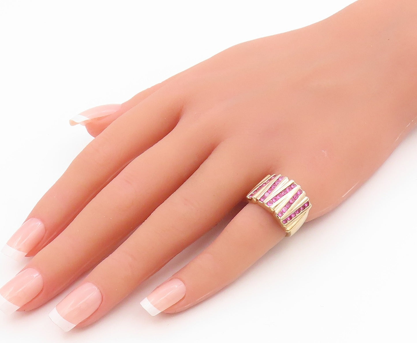 925 Sterling Silver Vintage Ring Gold Plated Elegant Ruby Stripes Sz 5.5 RG35515
