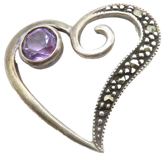 925 Sterling Silver Vintage Amethyst & Marcasite Love Heart Pendant PT11058
