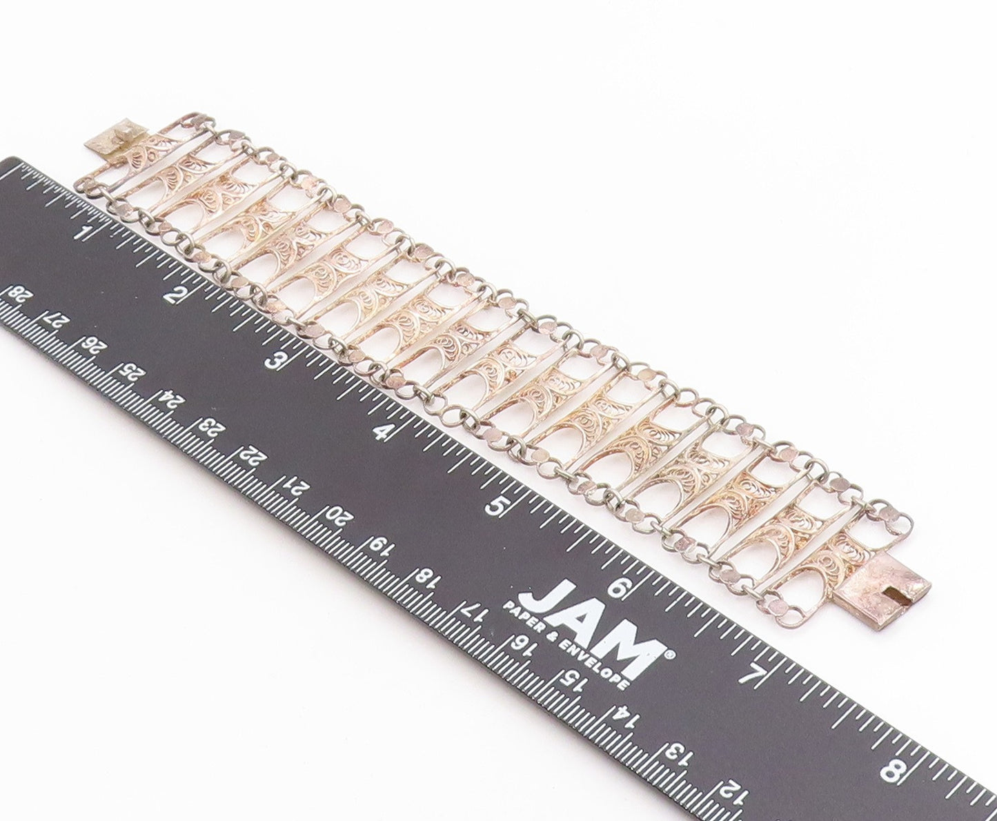 925 Sterling Silver Vintage Bracelet Intricate Filigree Wide Panel Link  BT12040