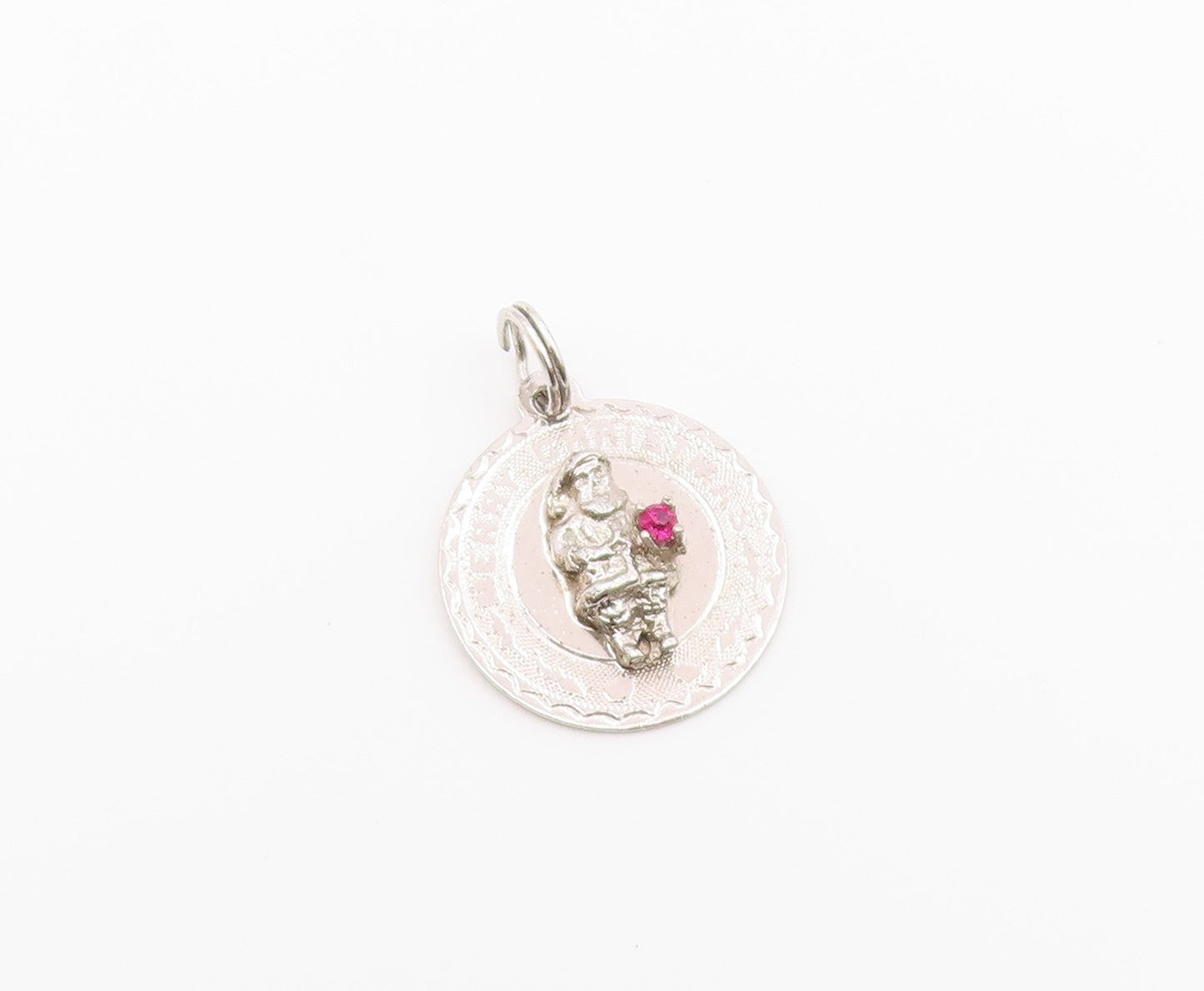925 Sterling Silver  Vintage Pink Topaz Merry Christmas Pendant  PT18908