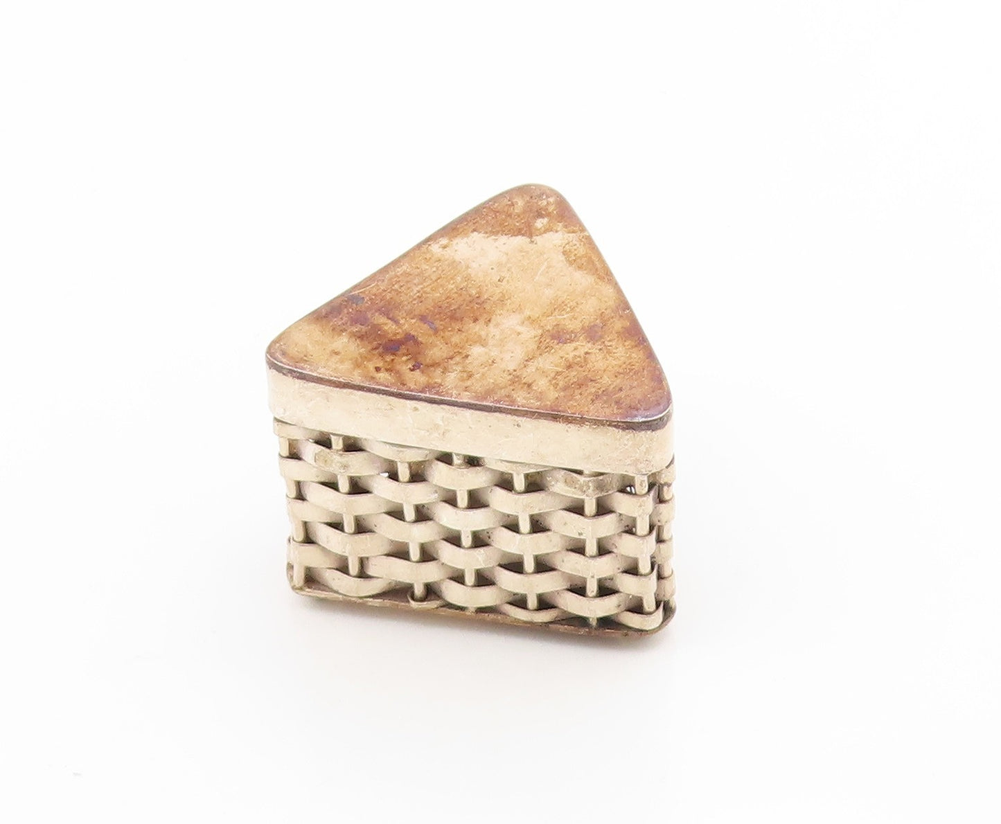 925 Sterling Silver Vintage Trinket Box MEXICO Triangular Basketweave  TR4221