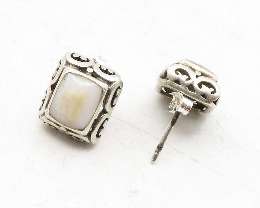 925 Sterling Silver  Vintage Mother Of Pearl Swirl Square Stud Earrings EG6357