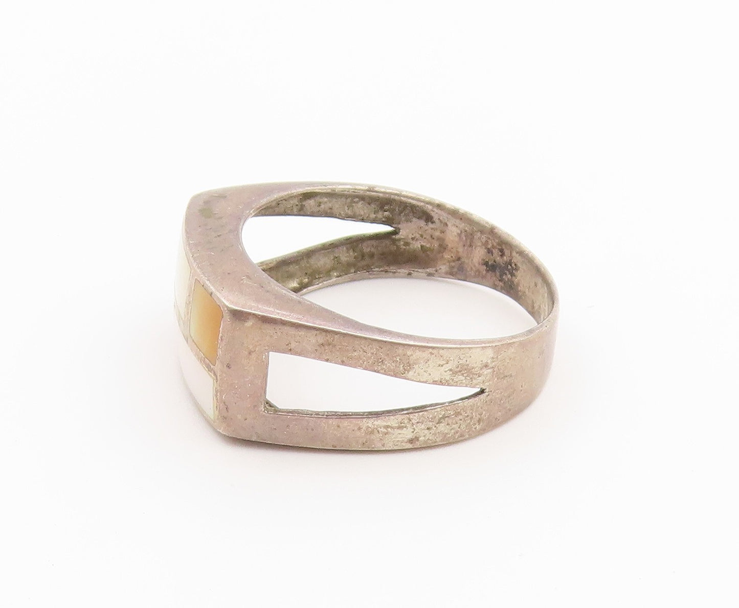 925 Sterling Silver Vintage Ring Mother Of Pearl Geometric Inlay  Sz 9  RG36926