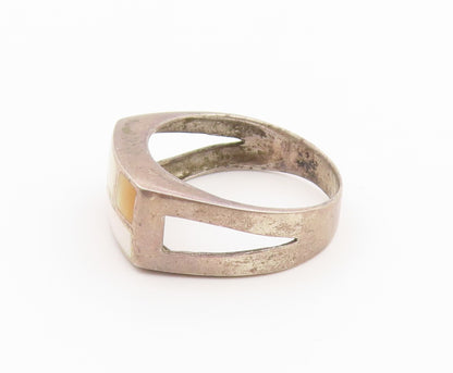 925 Sterling Silver Vintage Ring Mother Of Pearl Geometric Inlay  Sz 9  RG36926