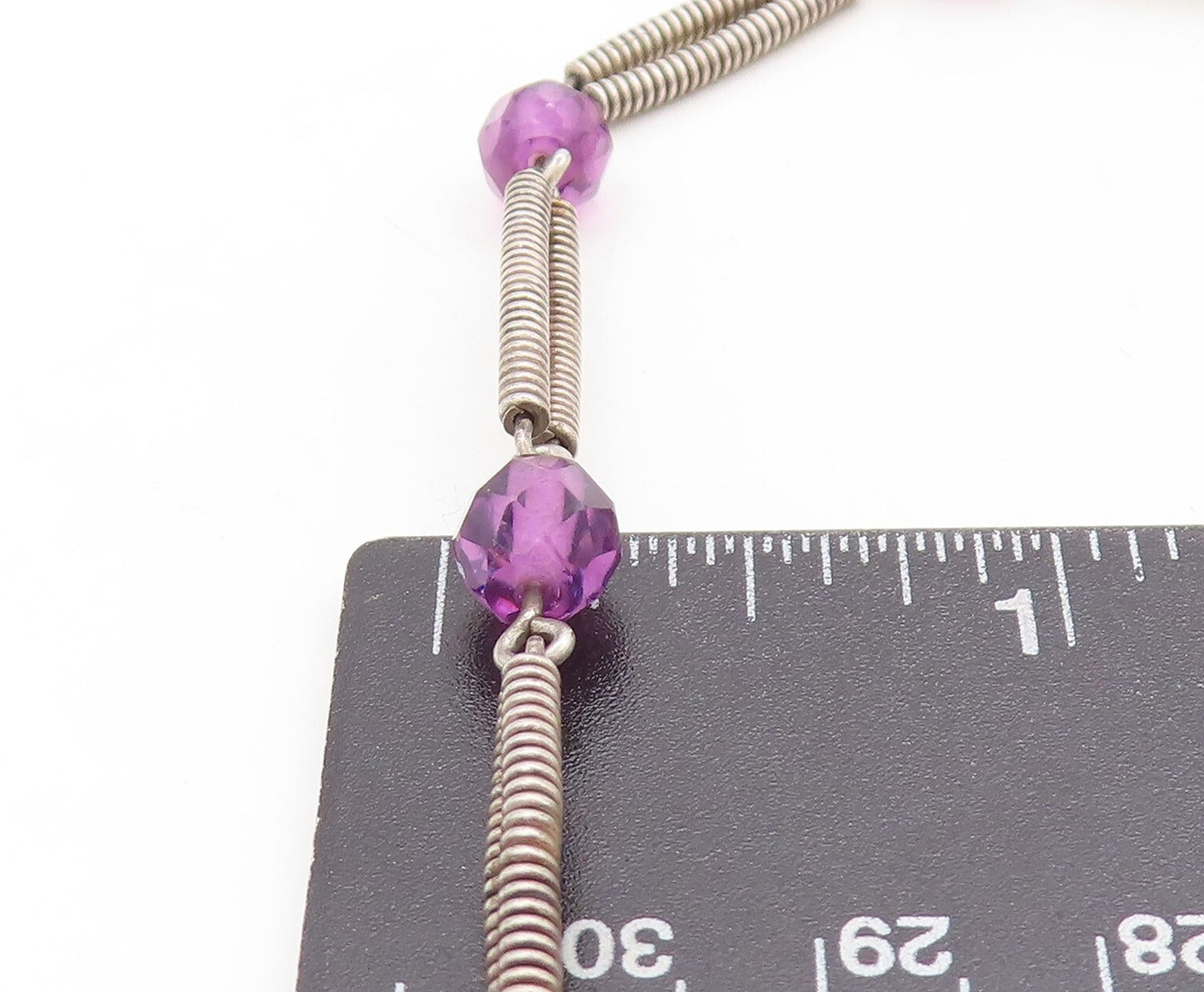 925 Sterling Silver Vintage Necklace Spring Design Cutout Beaded Amethyst NE4420