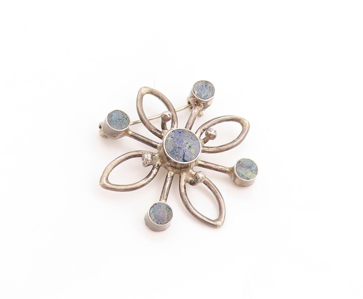 925 Sterling Silver Vintage Brooch Pin Designer Gemstone Cutout Flower  BP11422