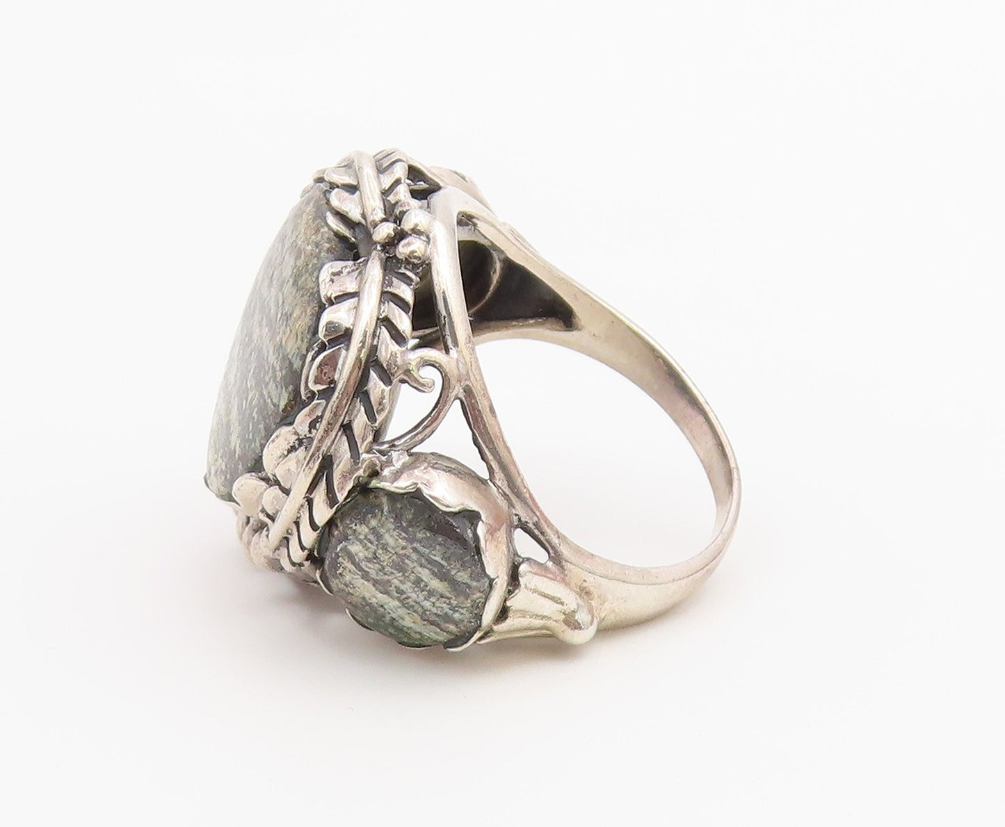 925 Sterling Silver Vintage Ring Green Jasper Botanical Ivy Vine  Sz 12  RG36740