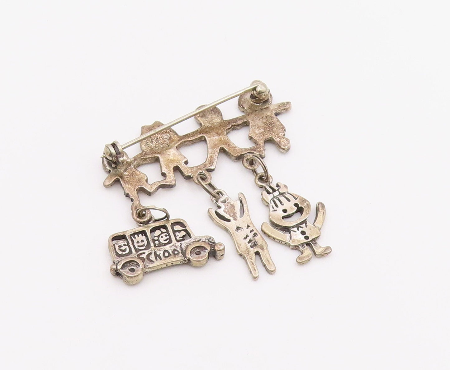 925 Sterling Silver  Vintage School Bus Charmed Children Brooch Pin  BP4061