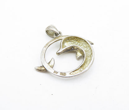 925 Sterling Silver  Vintage Topaz Accented Round Dolphin Drop Pendant  PT3238