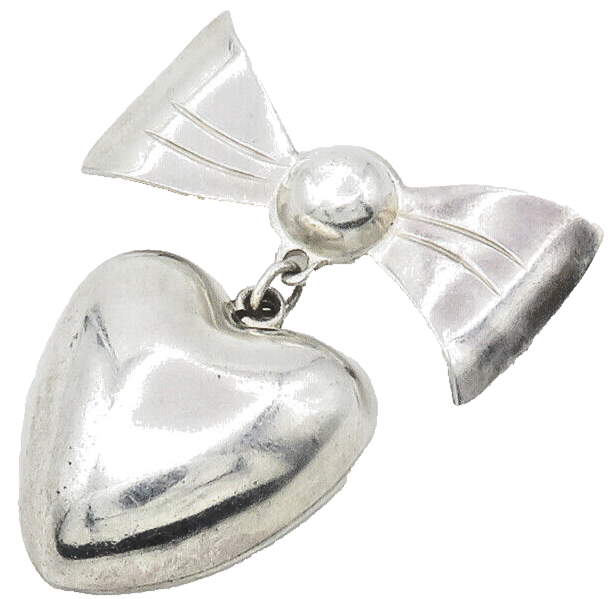 MEXICO 925 Sterling Silver  Vintage Love Heart Ribbon Bow Brooch Pin  BP5465
