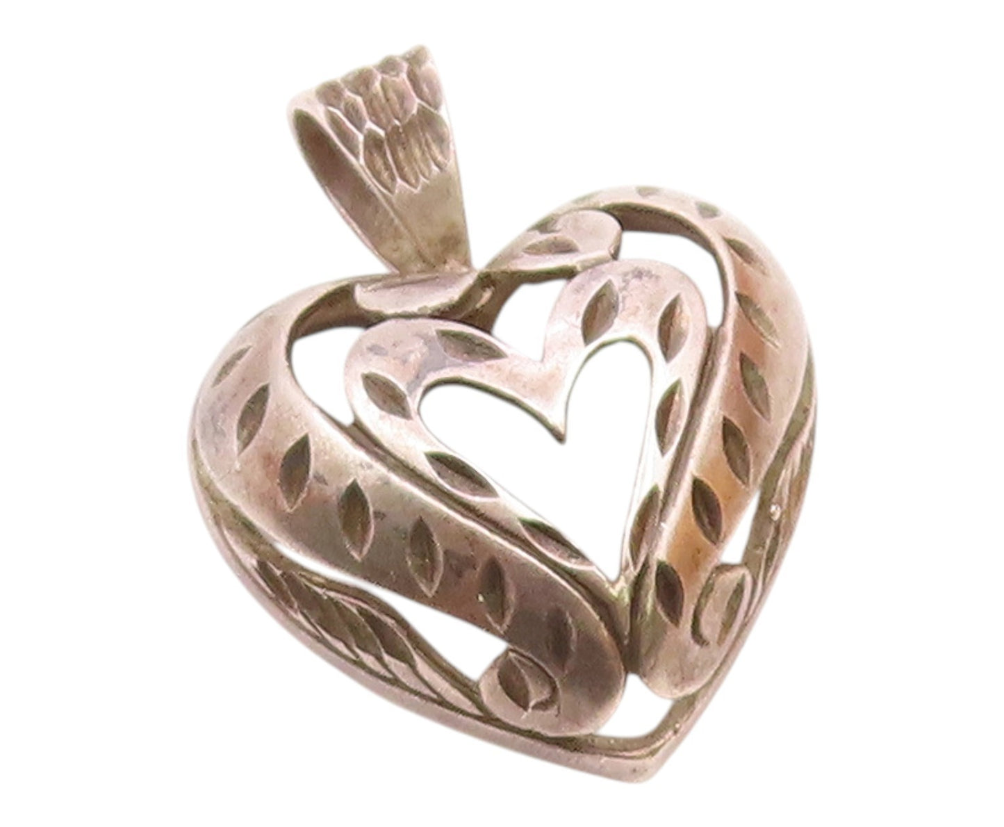 925 Sterling Silver  Vintage Diamond Cut Love Heart Dome Drop Pendant  PT17944