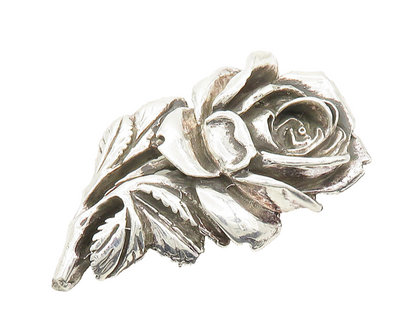 925 Sterling Silver  Vintage Shiny Sculpted Rose Flower Brooch Pin  BP7708