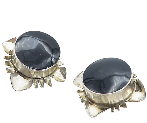 MEXICO 925 Sterling Silver Vintage Black Onyx Non Pierce Earrings EG4036