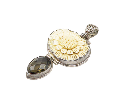 925 Sterling Silver  Vintage Smoky Topaz Carved Flower Motif Pendant  PT15031