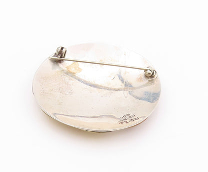 925 Sterling Silver Vintage Brooch MEXICO Half Flowers Carved Disk  BP11614