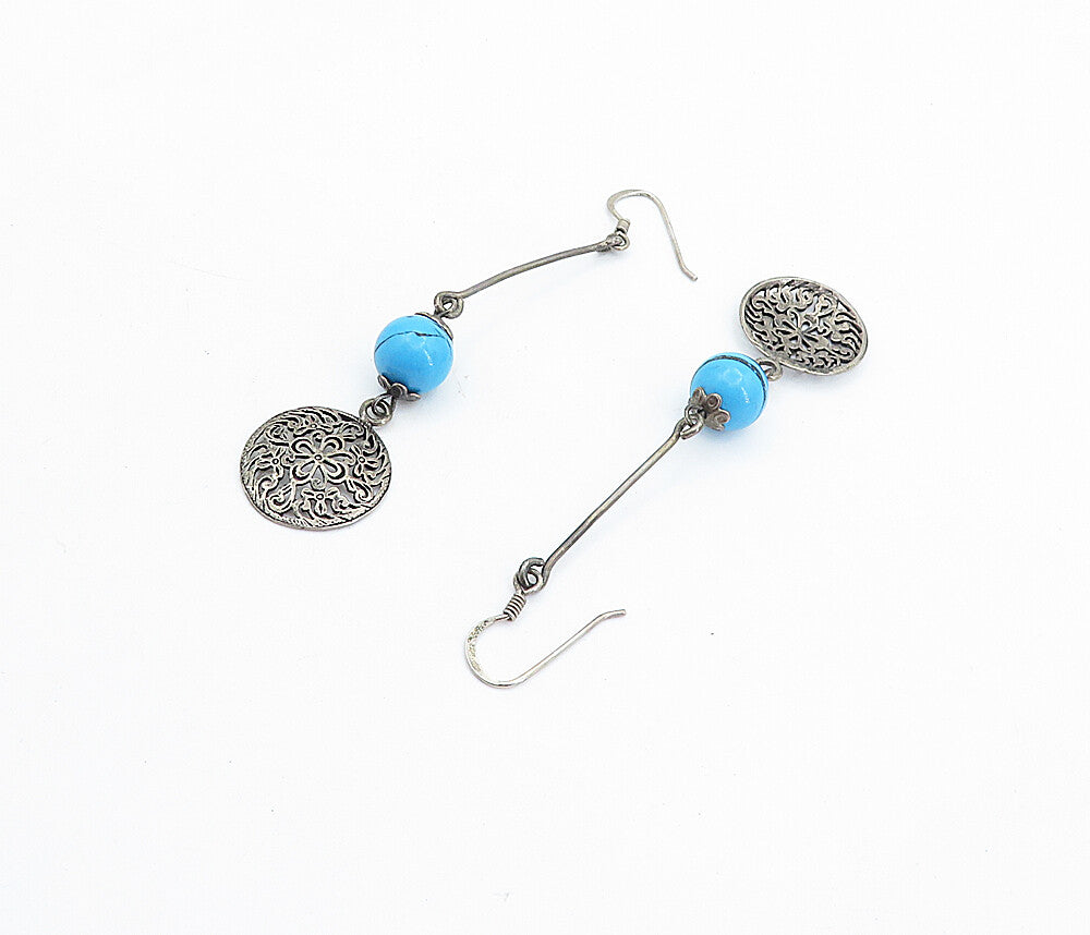 925 Sterling Silver  Vintage Turquoise Ball Bead Floral Dangle Earrings EG2757