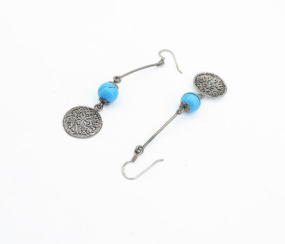 925 Sterling Silver  Vintage Turquoise Ball Bead Floral Dangle Earrings EG2757