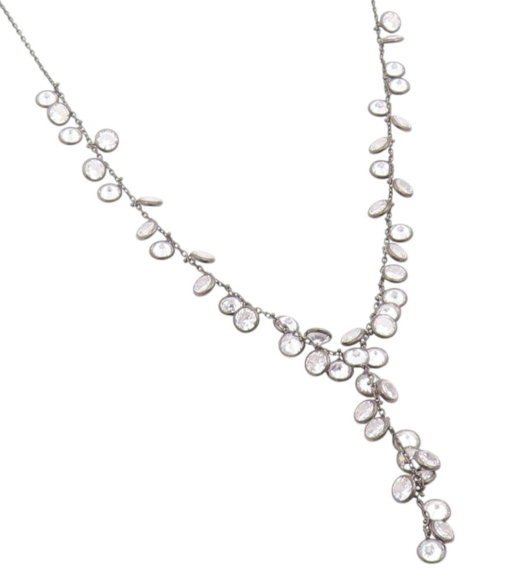925 Sterling Silver Vintage Necklace Round CZ Dark Tone Lariat Chain  NE4864