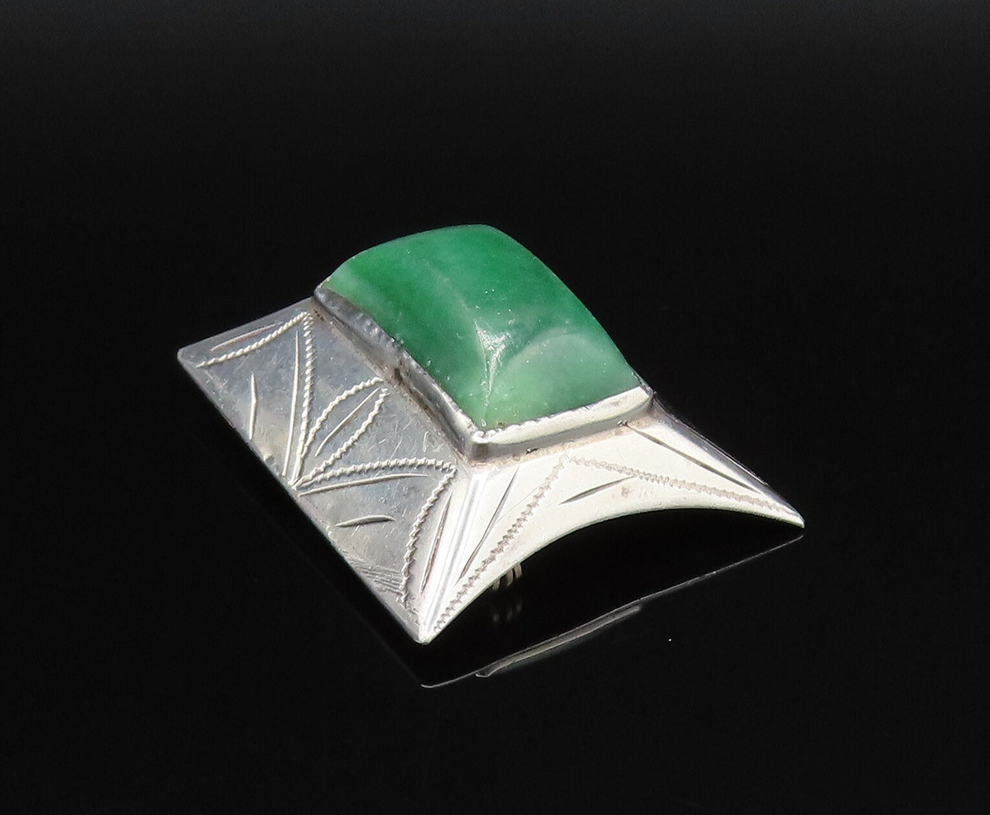 925 Silver  Vintage Rectangle Aventurine Etched Pyramid Dome Brooch Pin BP9771