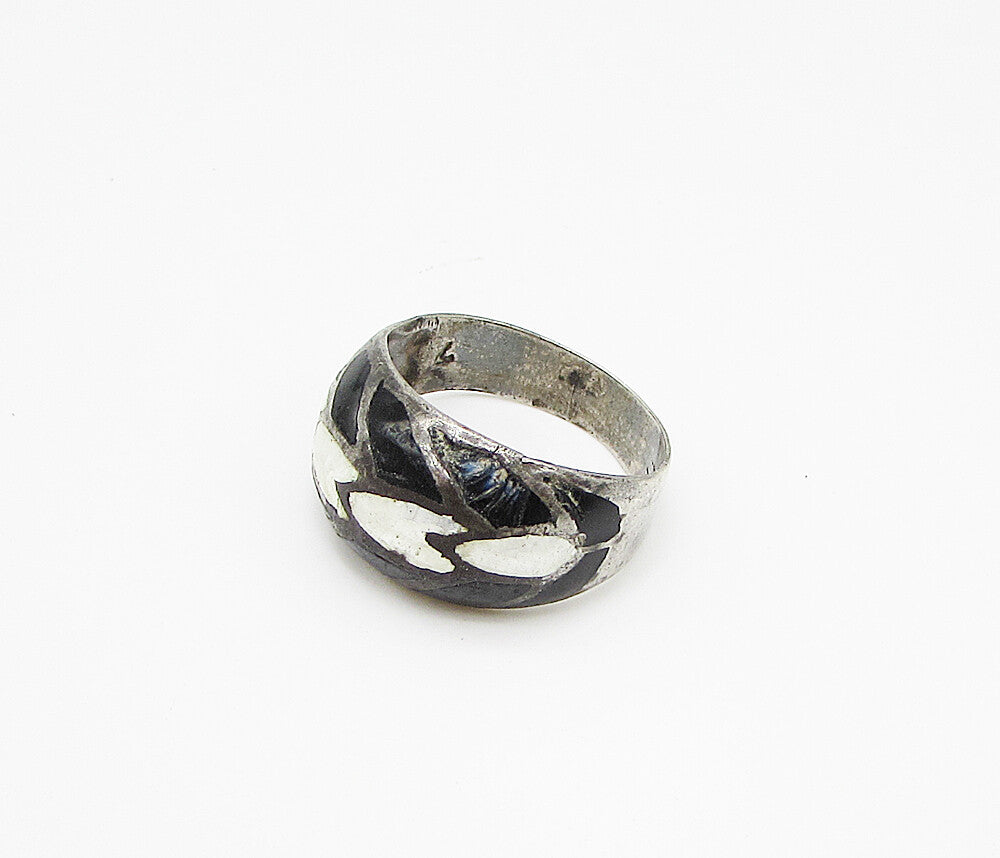 925 Sterling Silver  Vintage Enamel Love Heart Band Ring Sz 7.5  RG2996