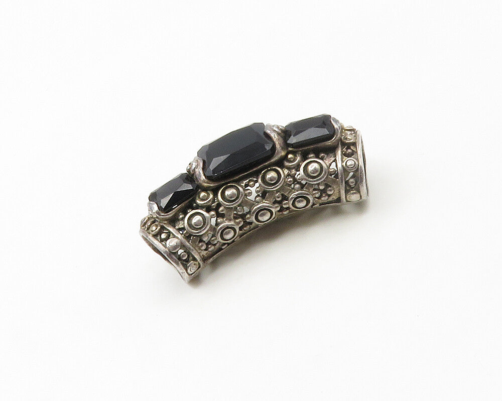925 Sterling Silver  Vintage Black Hematite Curved Slide Pendant  PT13609