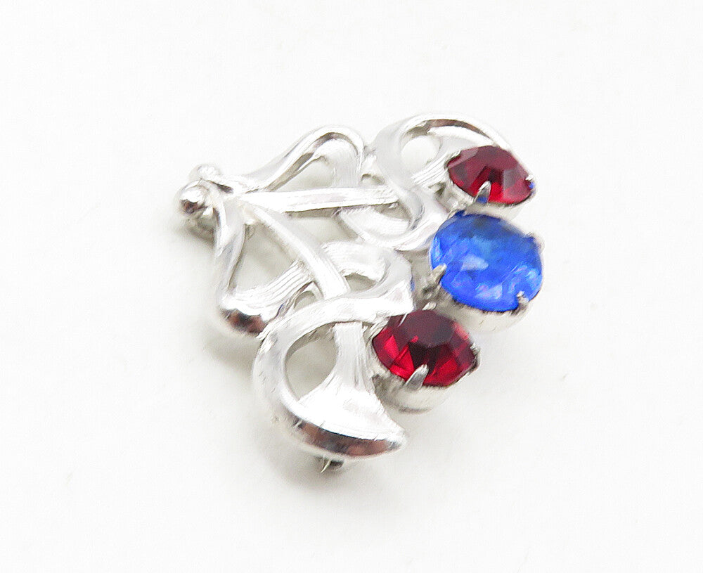 FRENCH 925 Sterling Silver  Red & Blue Topaz Shiny Floral Brooch Pin  BP3563