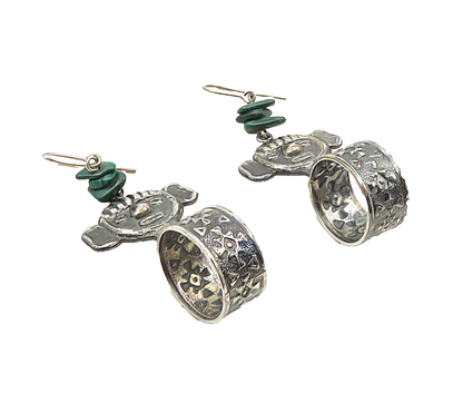 925 Sterling Silver  Vintage Malachite Traditional Face Dangle Earrings EG4648