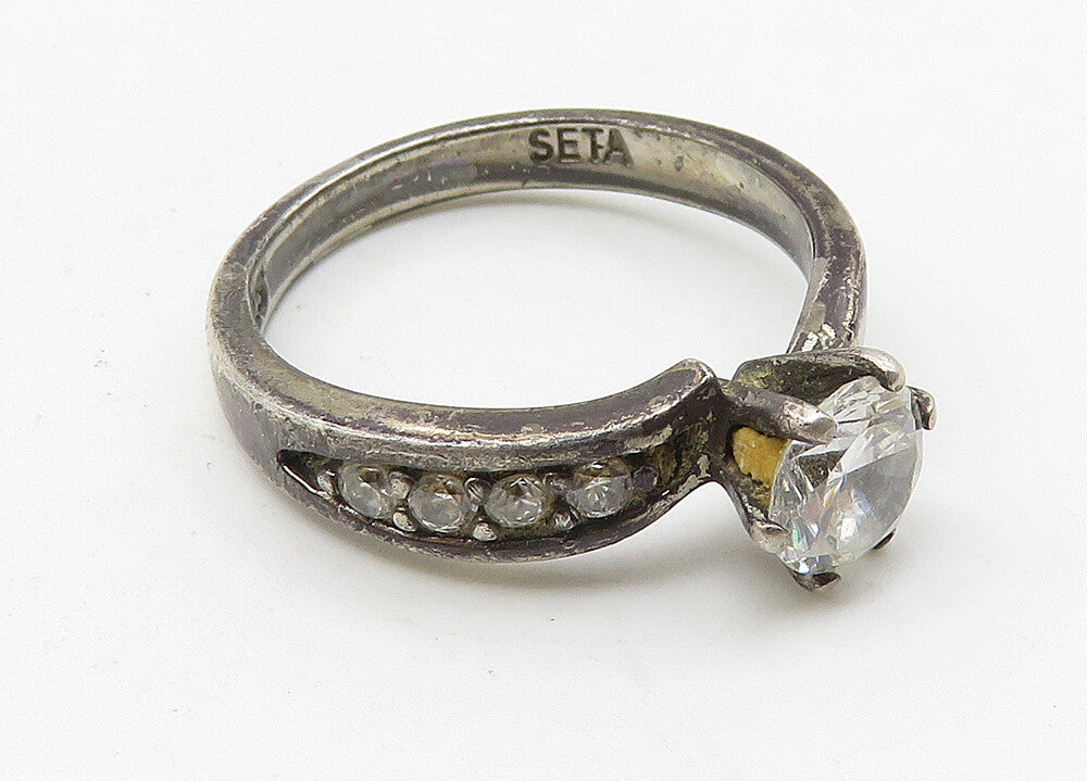 SETA 925 Sterling Silver  Vintage Prong Set Topaz Solitaire Ring Sz 7  RG10492