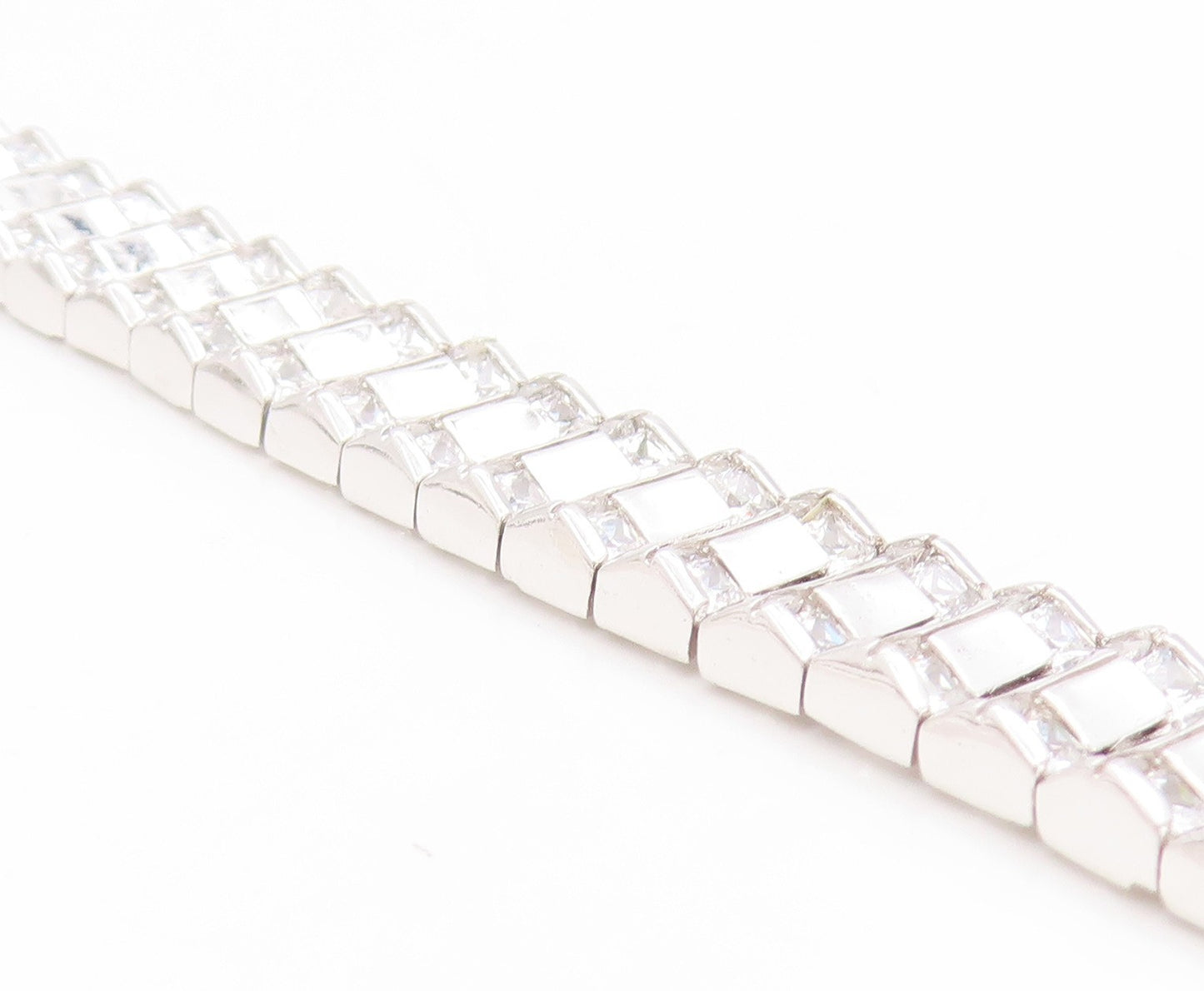 925 Sterling Silver Vintage Bracelet Sparkling CZ Modernist Tennis Link  BT11754