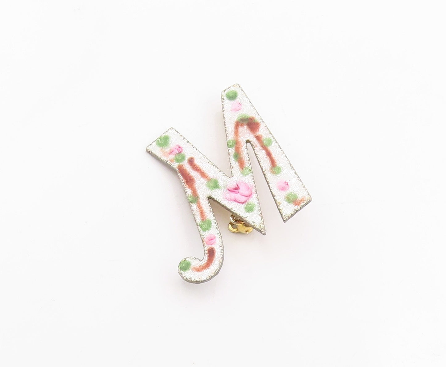 925 Sterling Silver Vintage Brooch Pin Guilloche Enamel Floral M Initial BP12489