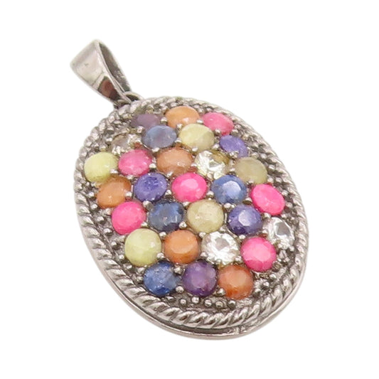 925 Sterling Silver Vintage Pendant Multi Color Gemstones Oval Inlay  PT24415