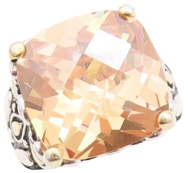 925 Sterling Silver Vintage Ring Floral Carved Square Morganite  Sz 8.5  RG31436