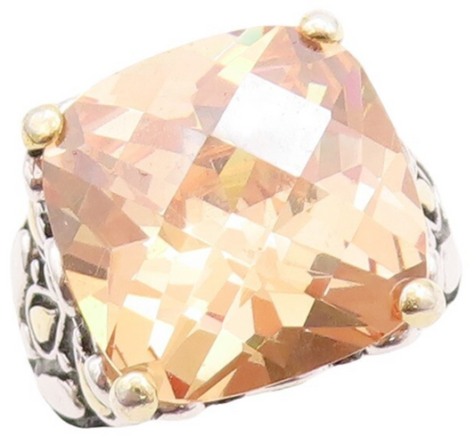 925 Sterling Silver Vintage Ring Floral Carved Square Morganite  Sz 8.5  RG31436