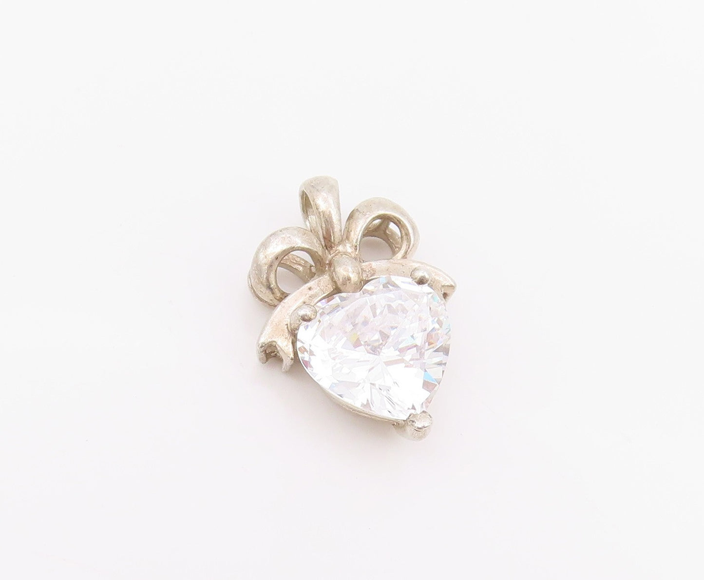 925 Sterling Silver Vintage Pendant Modernist Heart Cut Topaz With Bow  PT24275