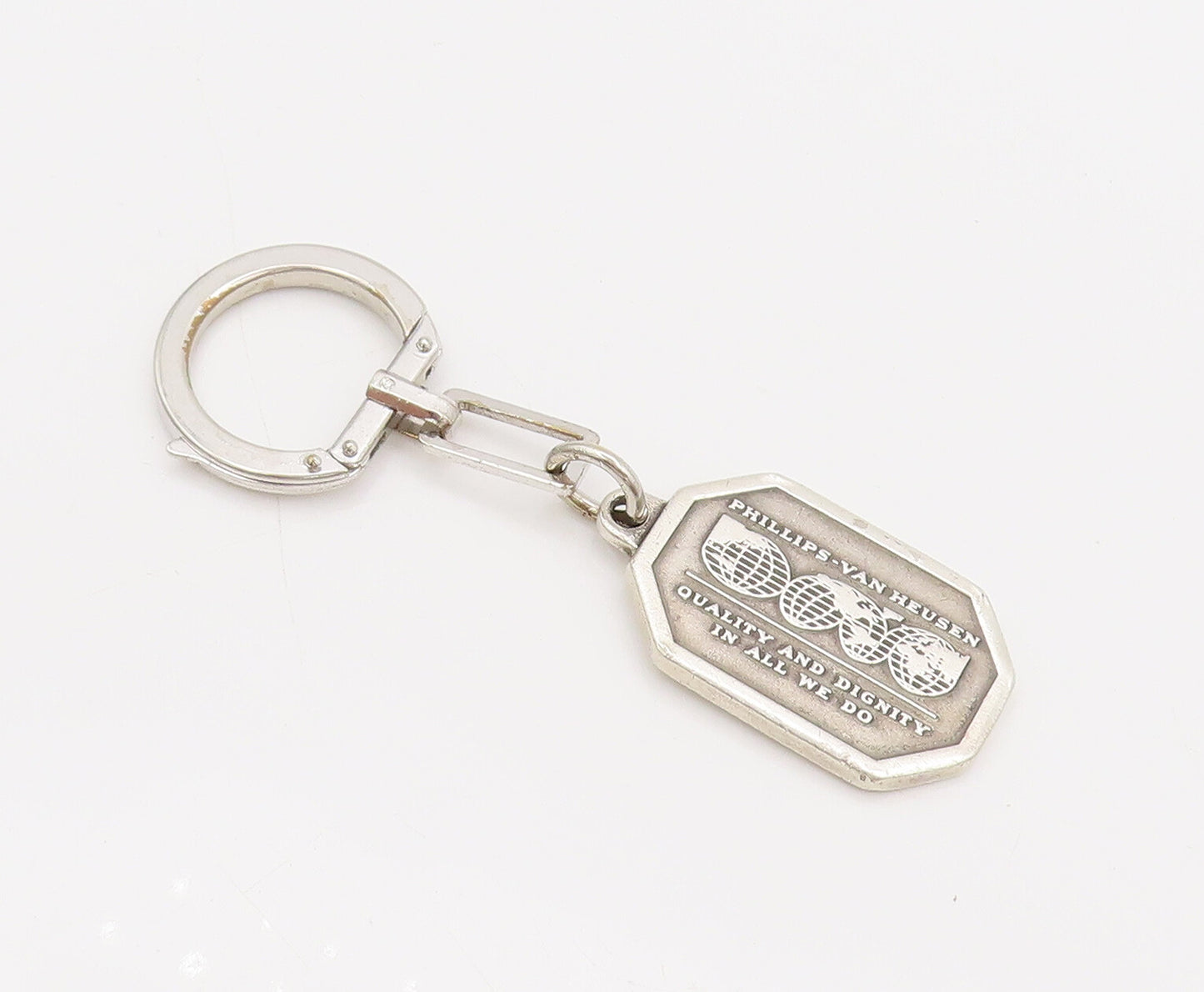 925 Silver  Vintage Rectangular Carved Van Heusen World Globe Keychain  TR3533